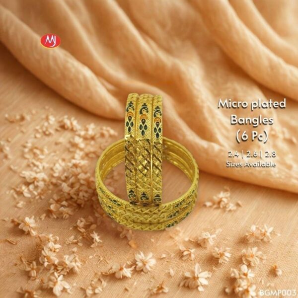 Micro Plated Bangles Set with Intricate Engraved Patterns and Black Enamel Detailing in Gold Tone Design