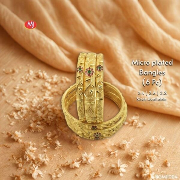 Micro Plated Bangles Set with Floral Motif Design and Traditional Engraved Gold Tone Pattern (6 Pieces)