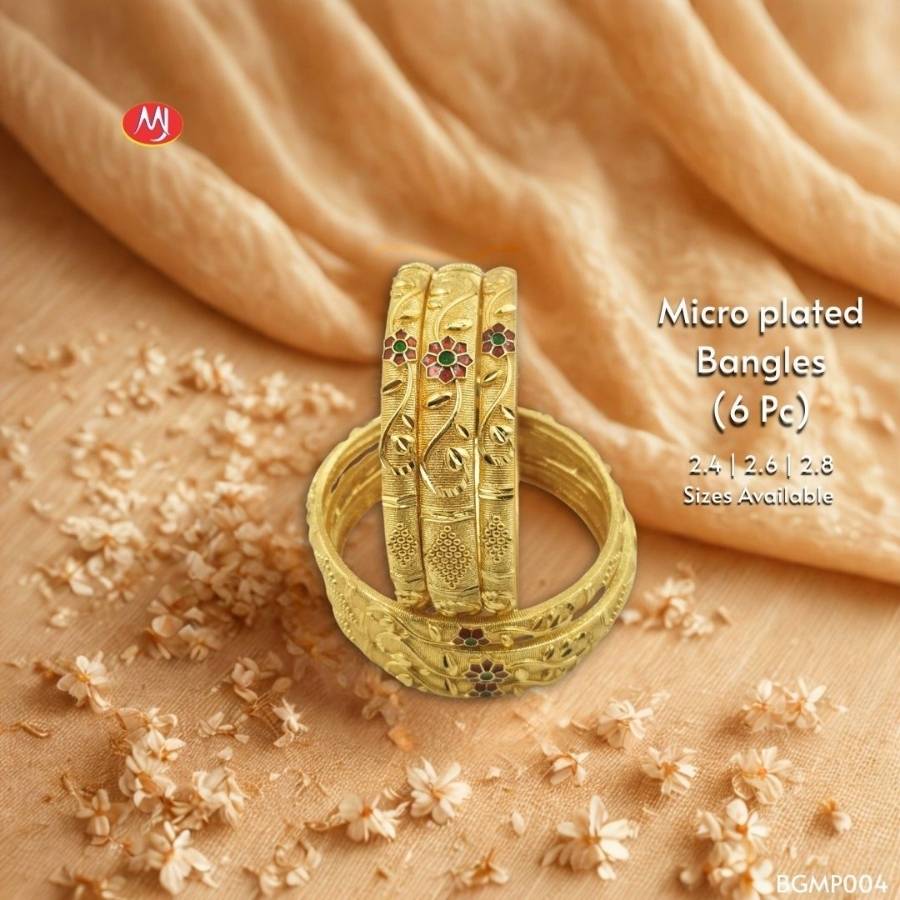 Micro Plated Bangles Set with Floral Motif Design and Traditional Engraved Gold Tone Pattern (6 Pieces)