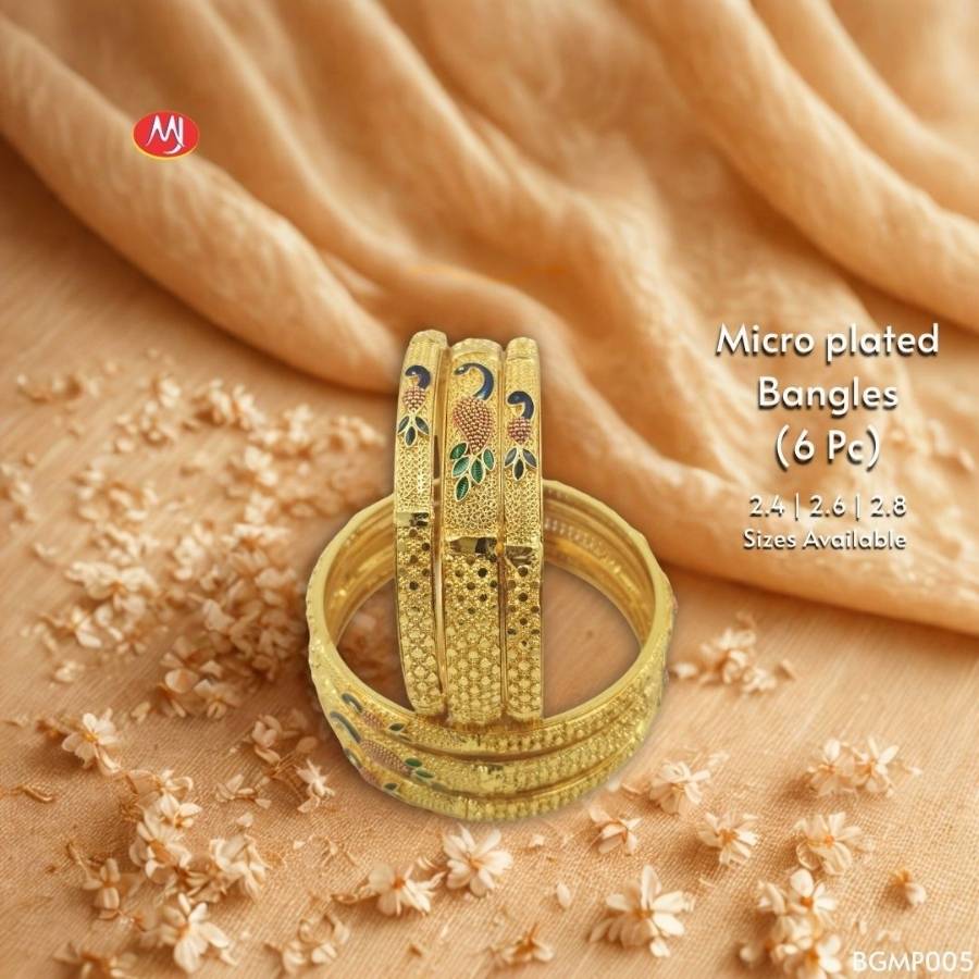 Micro Plated Bangles Set with Peacock Motif Design and Multicolor Enamel Detailing in Gold Tone Finish (6 Pieces)