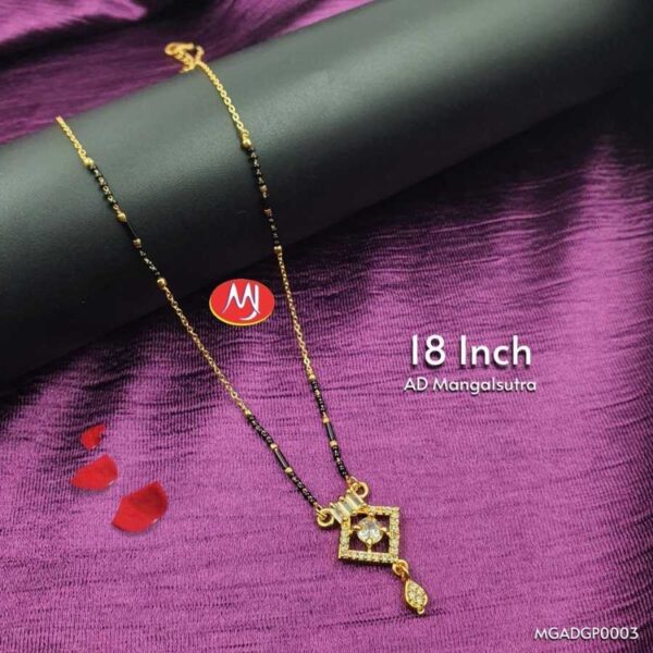 Gold Plated AD Mangalsutra with Black Beads and Square American Diamond Pendant Design
