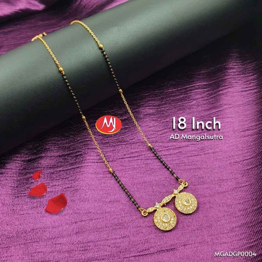 Gold Plated AD Mangalsutra with Black Beads and Dual Circular American Diamond Pendant Design