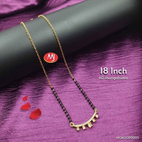 Gold Plated AD Mangalsutra with Black Beads and Curved American Diamond Bar Design