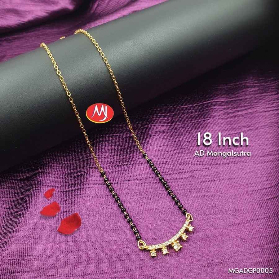Gold Plated AD Mangalsutra with Black Beads and Curved American Diamond Bar Design