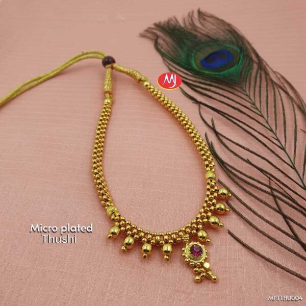 Micro Plated Maharashtrian Thushi Necklace with Traditional Beadwork, Hanging Bead Detailing, and Red Stone Centerpiece Design