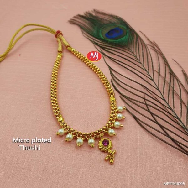 Micro Plated Maharashtrian Thushi Necklace with Pearl Drops, Traditional Beadwork, and Red Stone Centerpiece Design