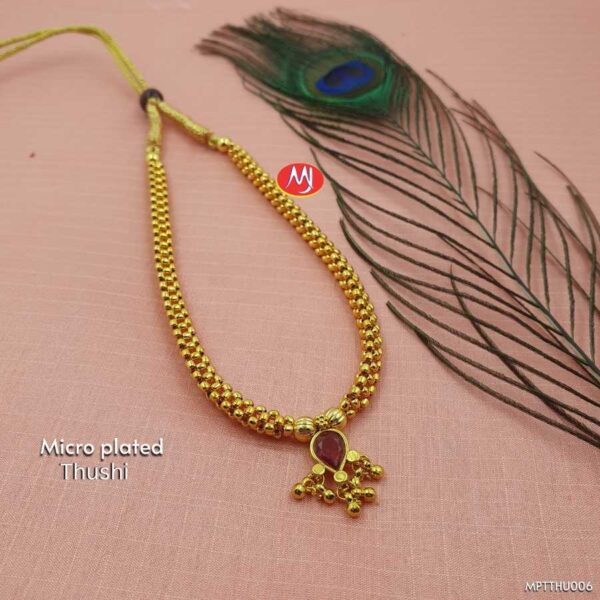 Micro Plated Maharashtrian Thushi Necklace with Traditional Beadwork and Ruby-Toned Stone Pendant Design