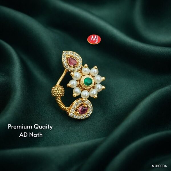 Gold Plated AD Nath with Ratna Pushp floral design featuring American Diamonds, pearls, and colorful stone detailing.